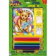 Раскраска по номерам "Мишка с цветами", цветными карандашами для раскрашивания, 12 карандашей, точилка инфо 2453j.